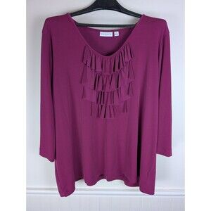 Susan Graver Liquid Knit Ruffle V Neck Stretch Top Size 2X Purple Plus Office